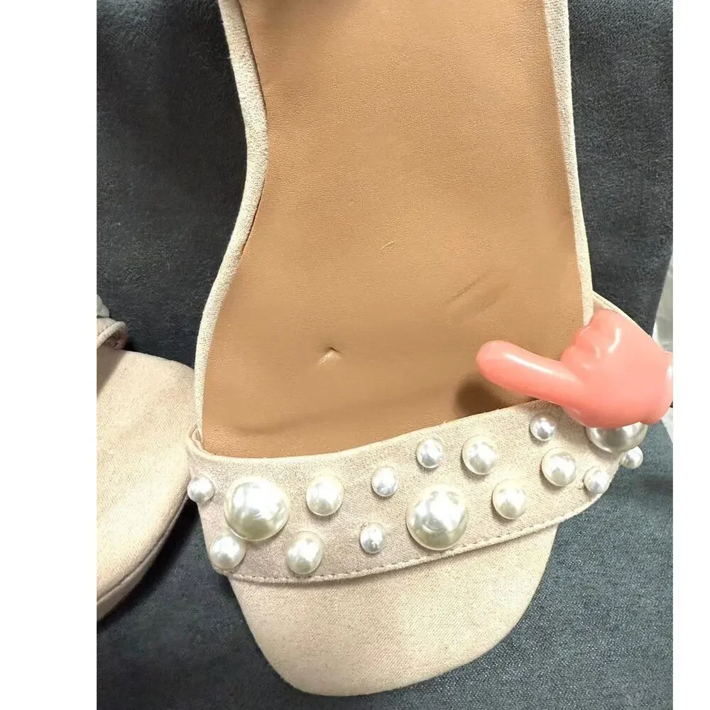 Torrid Pearl Faux Suede Open Toe Ankle Strap Platform Heels 7WW Wide Width Beige